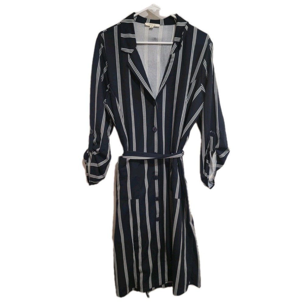 Love In Striped Button Front Shirtdress 1XL Navy White Roll Tab Sleeve‎ Belted